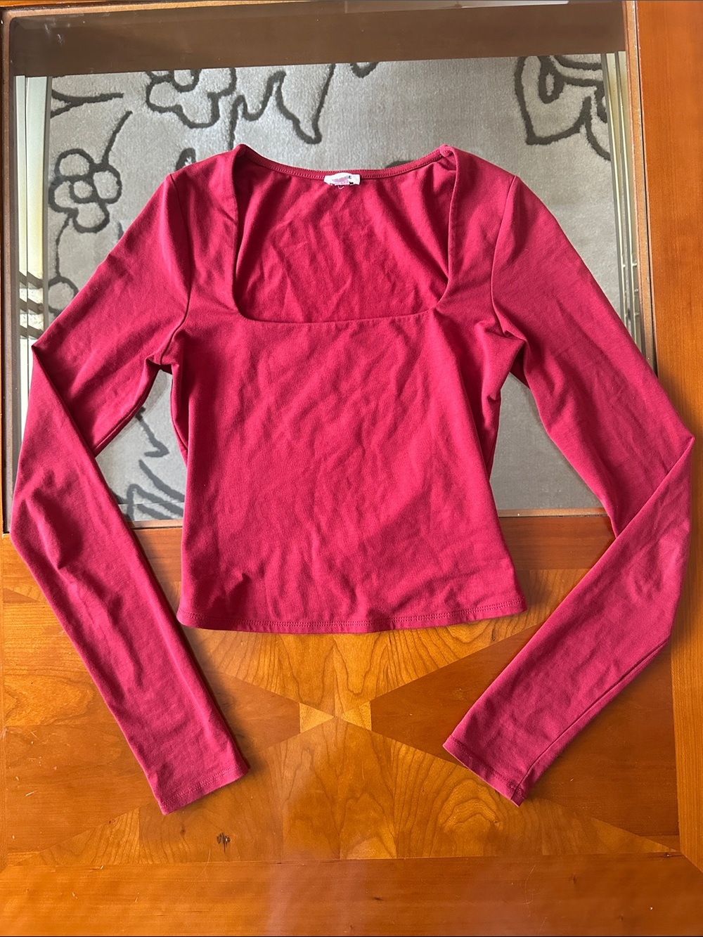 Garage Red Square Neck Long Sleeve Top